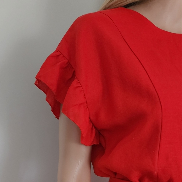 ETOPHE STUDIOS RED ORANGE FAUX WRAP SHOR FRILLS WAIST TIE DRESS LARGE - Picture 5 of 13